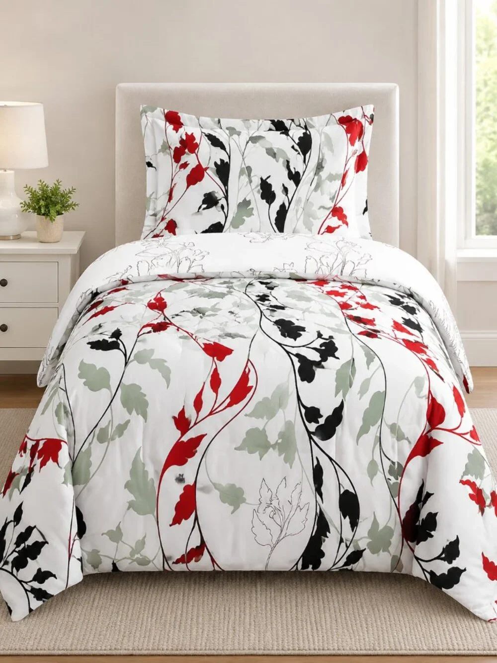 Duvet Cover & 1 Red Scrolling Vine Sham Twin Mini Set Printed Brush Bedding